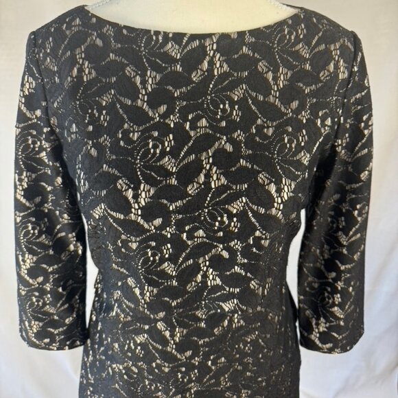 Tahari Black/Taupe Bonded Stretch Floral Lace Tiered Dress - Picture 4 of 9